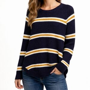 Arizona Jean Co. Navy Blue & Mustard Striped Waffle Knit Sweater - Large
